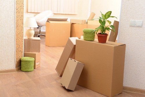 Packed business items and labelled boxes ready for transport