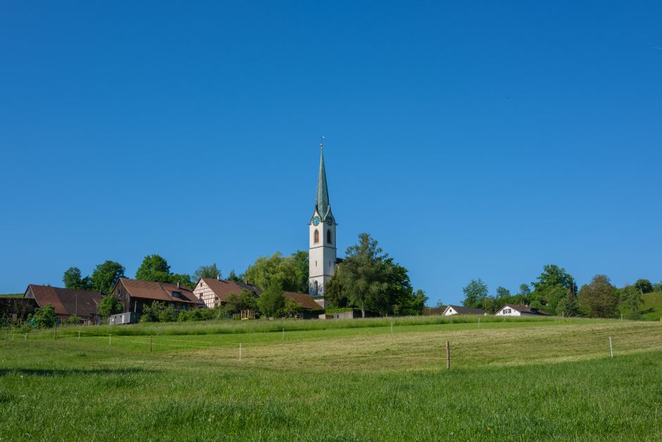 A wide outdoor view of a rural village with several small houses featuring sloped roofs, surrounded by green trees and open grassy fields. In the background, a tall, narrow church steeple with a pointed roof and a clock face is visible, rising prominently above the rooftops. The sky is clear and bright blue, and the scene is well-lit with natural daylight. The image captures a peaceful, scenic environment consistent with an English village, suitable for home relocation or furniture transport services offered by Man with Van Swiss Cottage. The setting suggests a quiet area often involved in house removals and moving logistics, with the landscape providing context for the transportation process involved in packing and moving belongings.